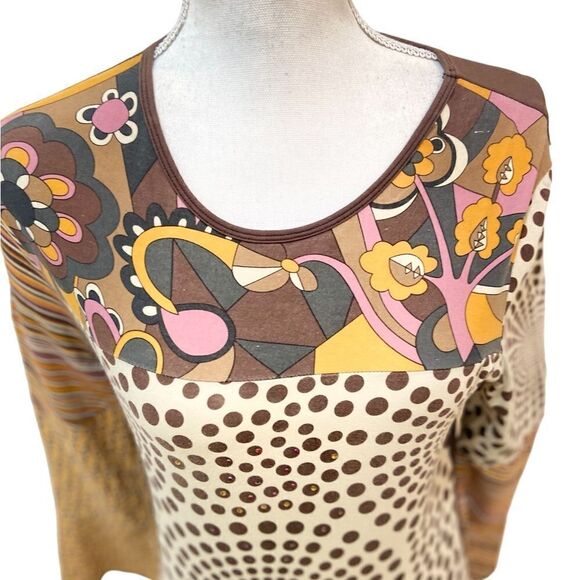 Lapis multi print bell sleeve cotton top beaded in cream/ browns/mauve sz small - Picture 4 of 11